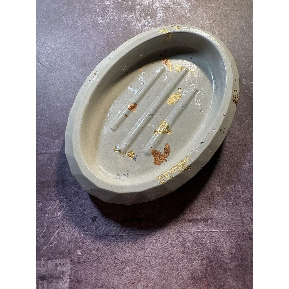 Handmade Soap Dish Cement Soap Oval Bathroom Kitchen Gold Copper Silver Flake